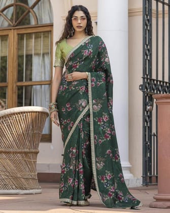 Dark Green Pure Viscose Dola Silk Saree with Floral Print