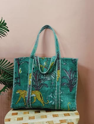 Handblock Printed Quilted Tote Bag with concealed zip ( 17x18x 6 inches)