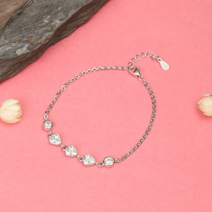 925 Sterling Silver Heart Charm Bracelet with Cubic Zirconia for Women & Girls
