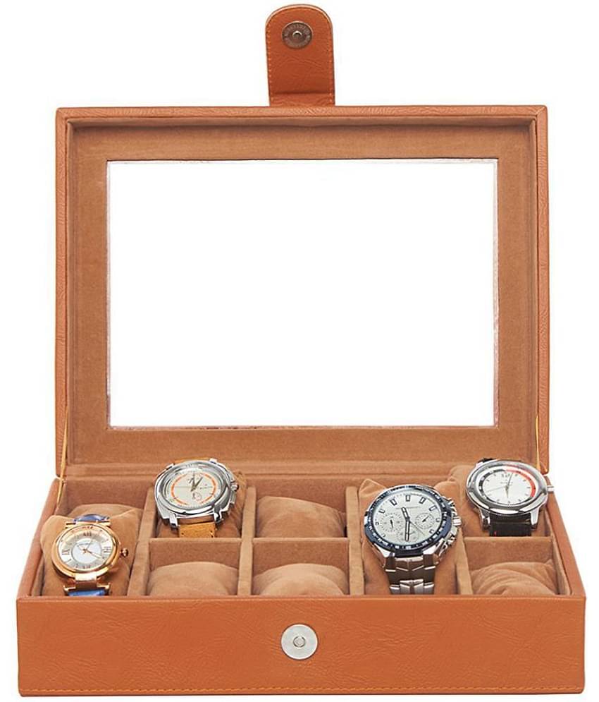 Leather World 5.5 Liter Tan PU Leather Designer Watch Display Case with Clasp Closure Travel Bag