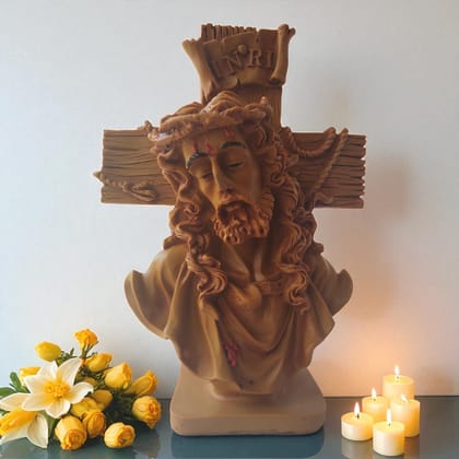 AMS Jesus Christ Idol with Cross | Resin Statue of Lord Jesus with Crown of Thorns & INRI Sign � Antique Brown Finish | Christian Showpiece for Home Altar, Prayer Room & Gifting � 8 Inch