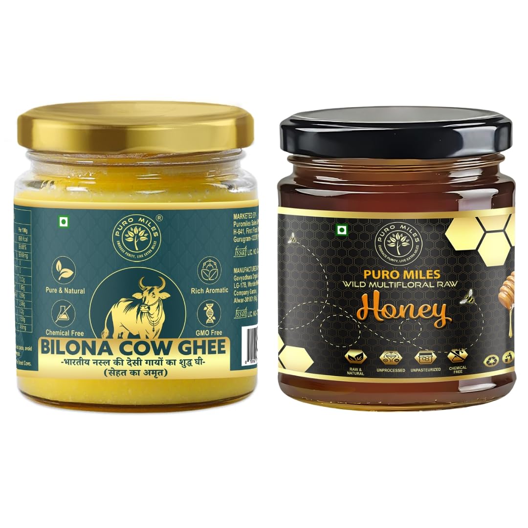Puro Miles A2 Desi Cow Bilona Ghee (200ml) + Raw Organic Honey (250g) Combo | Pure, Natural & Unprocessed | Immunity Booster | No Added Sugar or Preservatives