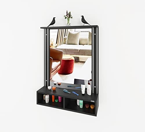 DAS Bárbara Engineered Wood Wall Mount Dressing Table Vanity Mirror with Storage Shelves - Black