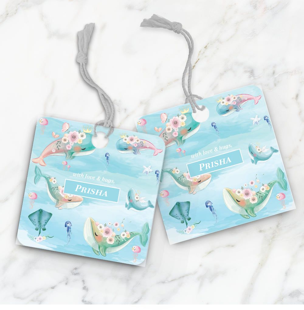 Floral Whales Gift Tag (kids)-Blue Watercolor
