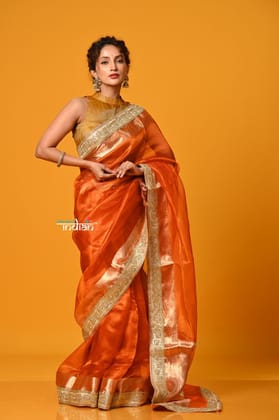 Param Sundari  ~ Banarasi Organza Silk Tissue Saree with Designer Lace in Beautiful Sunset Orange