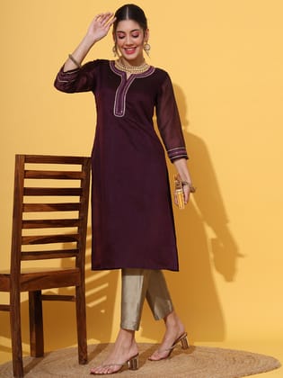 Wine Chanderi Straight Kurta Pant Set-M / Wine