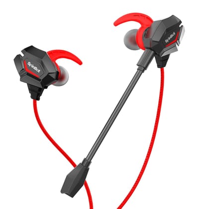 SpinBot BattleBudz W20 Gaming Wired Earphones with Dual Mic | Detachable Boom Mic, 10mm Gaming-Tuned Drivers, Shark Fin Eartips for Mobile, PC/Laptop, Xbox One, PS4, PS5 (RED)