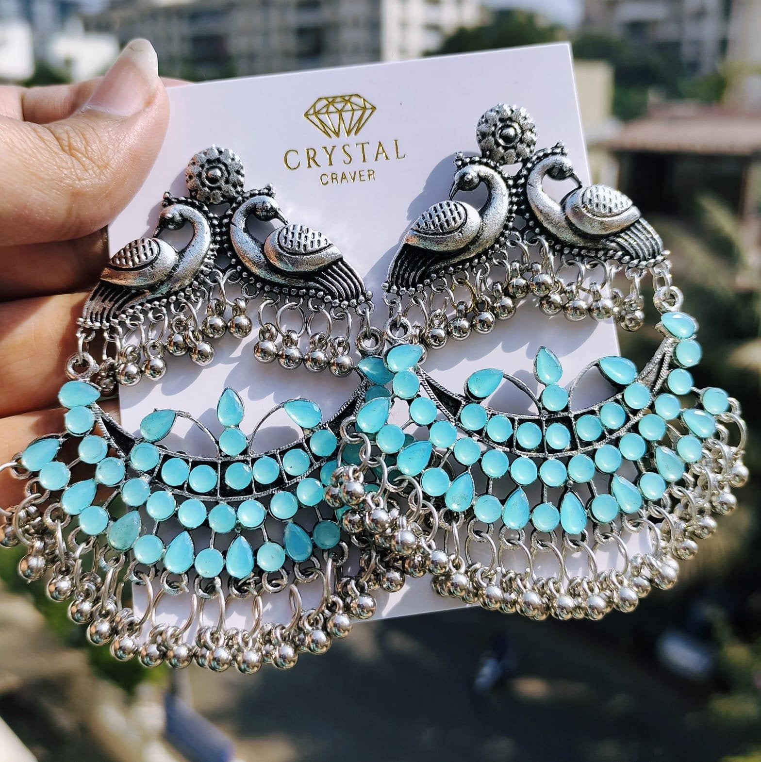 Long Ethnic Silver Oxidised Earrings-Grey