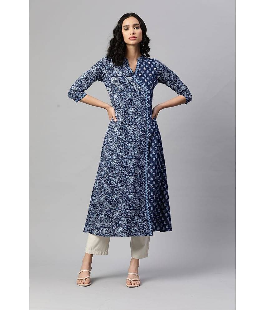 Vbuyz - Blue Cotton Women's A-line Kurti ( Pack of 1 )