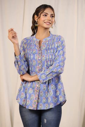 Gayatri Phool Blue Hand Block Printed Top-S / Blue/Pink / Blue