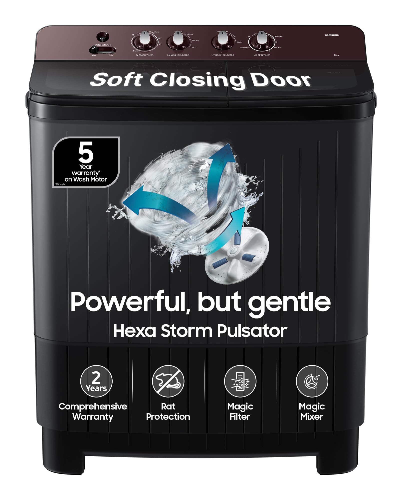Samsung 8 kg, 5 Star, Soft Closing Door, Hexa Strom Pulsator, Semi-Automatic Top Load Washing Machine (WT80F4560RD/TL, Light Gray, 5 Year Warranty on Wash Motor) Samsung 8 kg, 5 Star, Soft Closing Door, Hexa Strom Pulsator, Semi-Automatic Top Load Washin