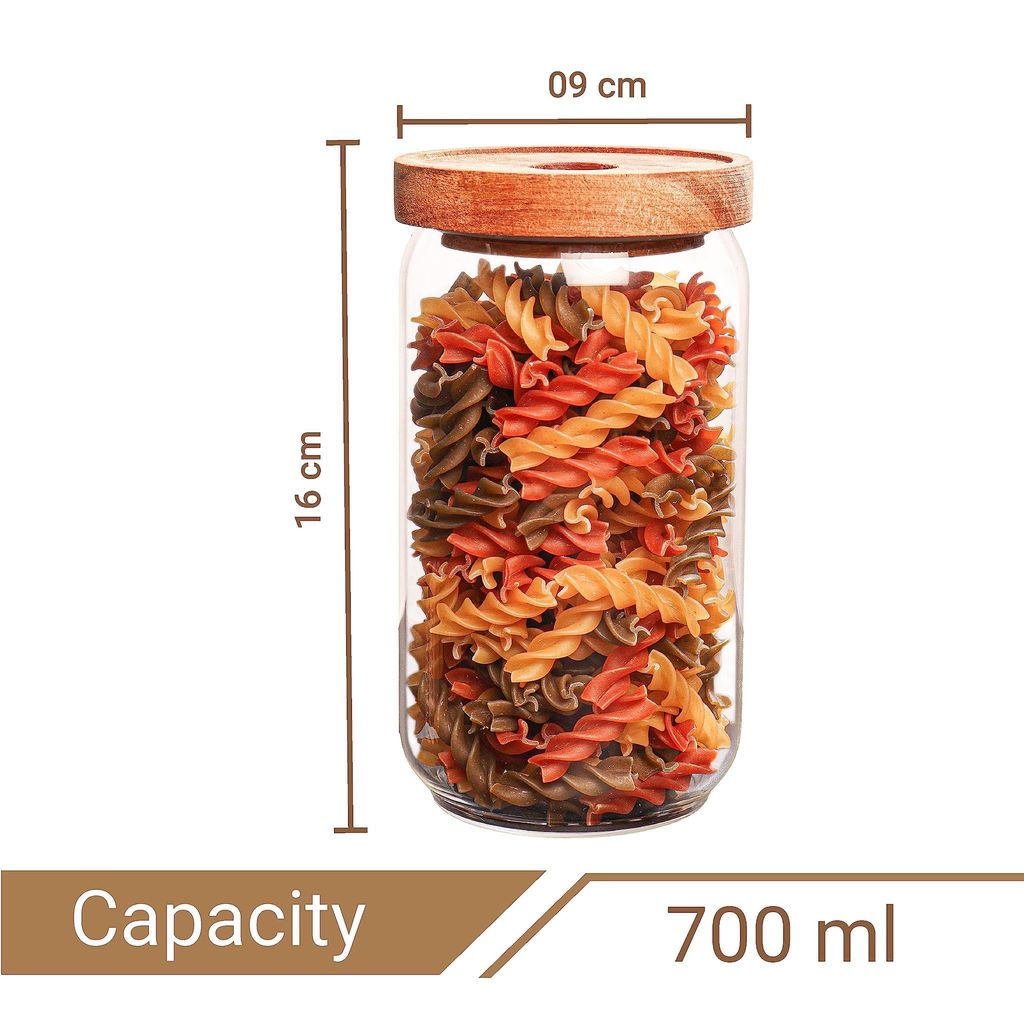 Femora Borosilicate Glass Jar with Bamboo Lid Air-700 ml, Tight Jar, 4pcs