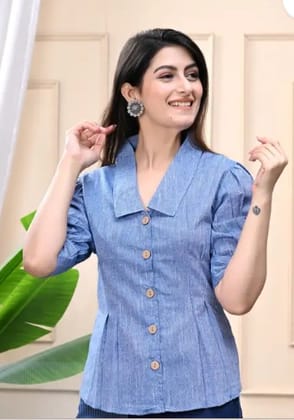 Casual Puff Sleeves Self Design Women Blue Top Light Blue (Size L)