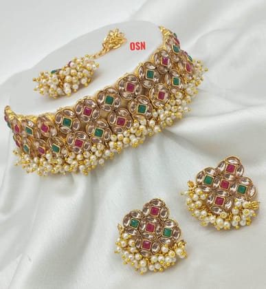 ZEVAR I Zaveri Pearls Gold-Toned Kundan Choker Necklace Set-Mehroon