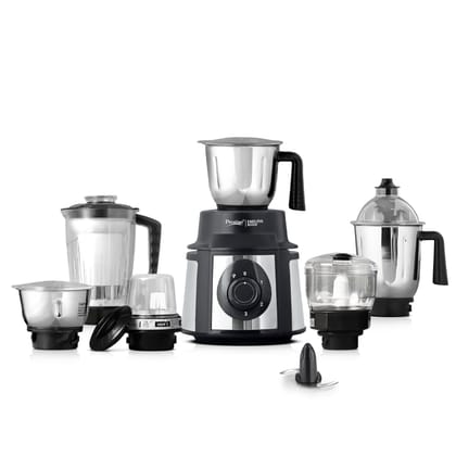 Prestige Endura 1000 Watt Mixer Grinder with 6 Jars | Heavy-Duty Ball Bearing Motor | 3 Stainless Steel Jars + 1 Juicer + 1 Mix-O-Keep + 1 Multi-Utility | SS Baldes | Black | 5Y Motor Warranty Prestige Endura 1000 Watt Mixer Grinder with 6 Jars | Heavy-D