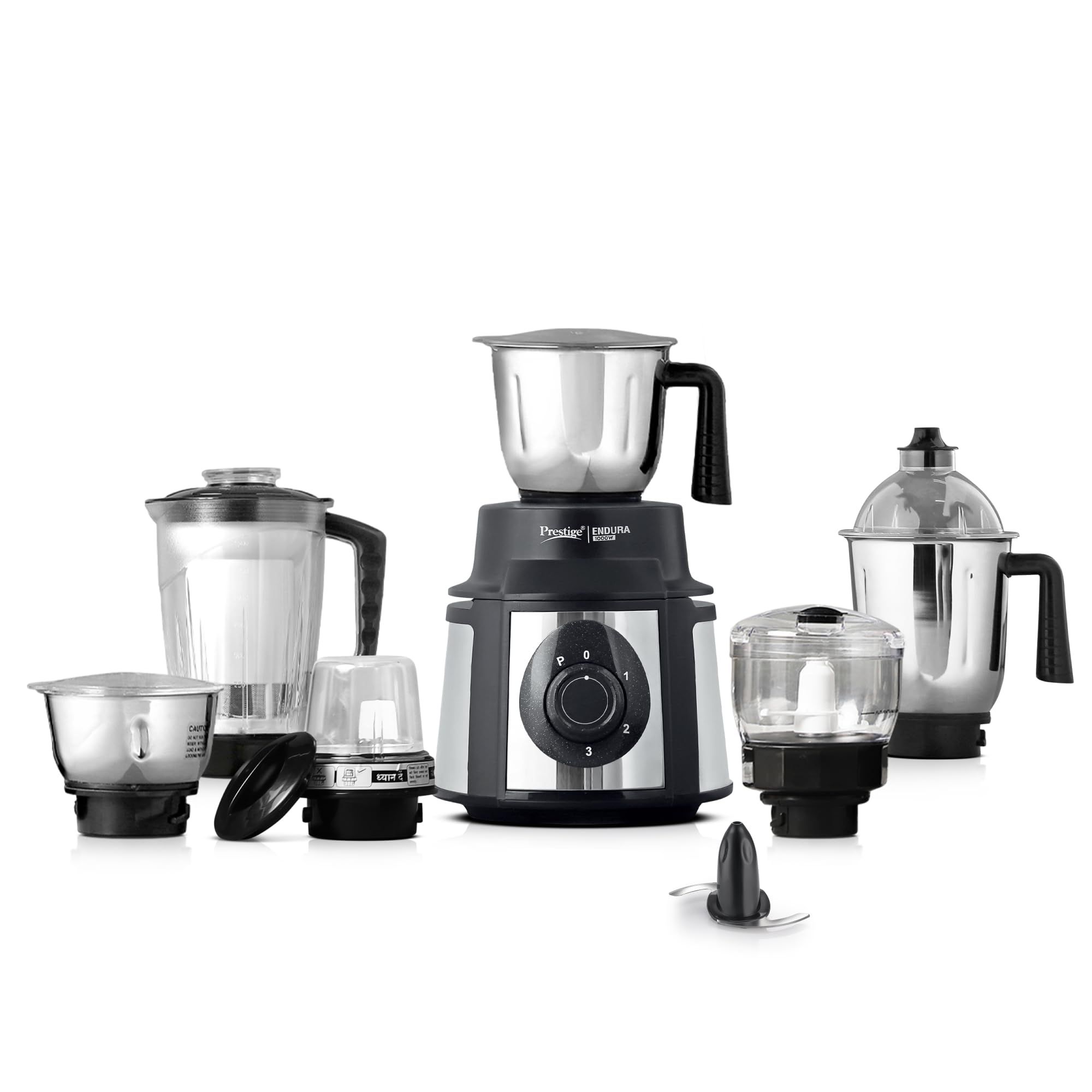 Prestige Endura 1000 Watt Mixer Grinder with 6 Jars | Heavy-Duty Ball Bearing Motor | 3 Stainless Steel Jars + 1 Juicer + 1 Mix-O-Keep + 1 Multi-Utility | SS Baldes | Black | 5Y Motor Warranty Prestige Endura 1000 Watt Mixer Grinder with 6 Jars | Heavy-D