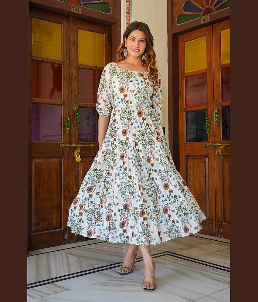 Yash Gallery Women Rayon Printed Fit & Flare Dress ( White )