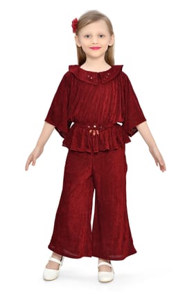 Be:Kids Burgundy Textured Ruffle Top and Wide-Leg Pants Set Be:Kids Burgundy Textured Ruffle Top and Wide-Leg Pants Set