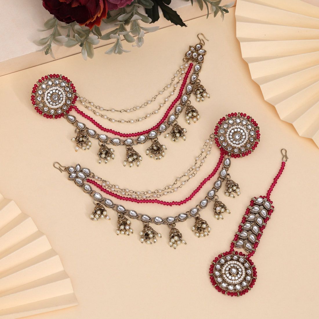 Rich Rani Color Kundan Earrings With Maang Tikka-Chain Length: 10.00 CM | Earring Length: 3.50 CM x Width: 3.50 CM / Rani / Alloy With Good Quality Mehndi Gold Plated