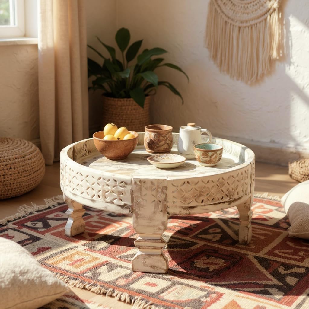 PREET SPICE Wooden Chakki Round Table, White Wash, 45x45x20 cm Perfect for Home & Living Room Decor,Coffee & Snack Serving Table