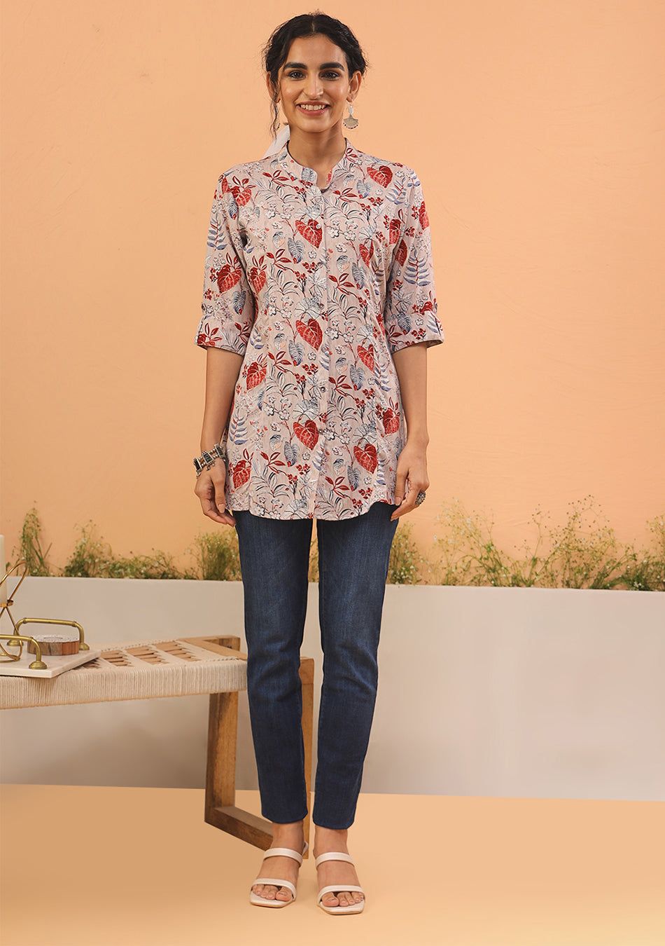 Beige Floral A-Line Top-S