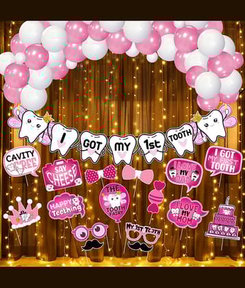 Zyozi I Got My First Tooth Decoration | First Tooth Decoration Items for Baby Girl - Tooth Banner, Balloons with Photo Booth Props & Rice Light (Pack Of 43)