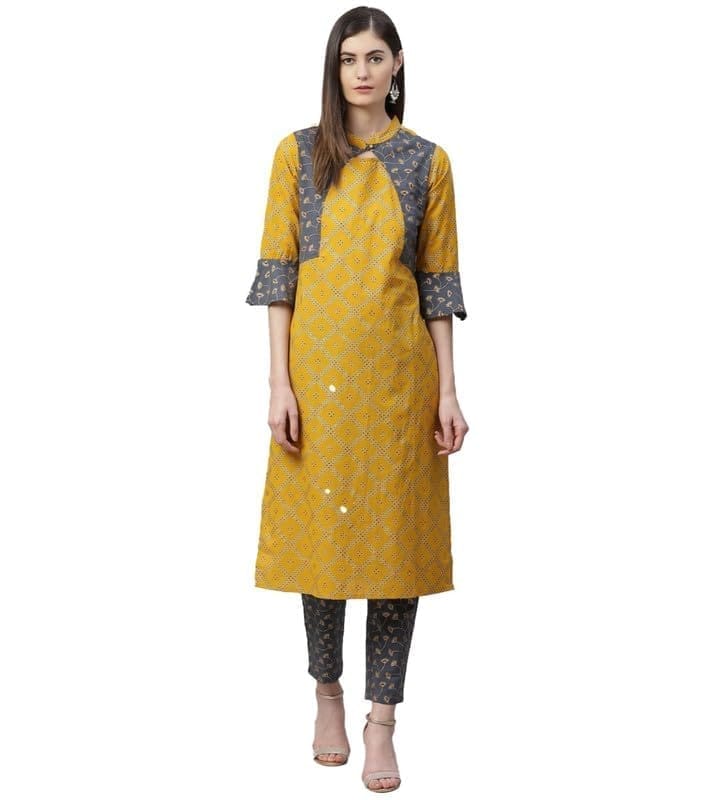 Women's Casual Bell Sleeves Geomatrical Printed Cotton Kurti Set (Yellow, M)-PID48573