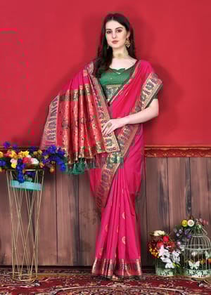 Yavira silk Women's Pink Handwoven Silk Blend Saree