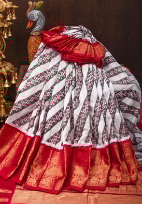 White  Ikkat Patola  Kanjivaram Fusion Silk Saree with Red Wide Border with ikkat blouse piece | SILK MARK CERTIFIED