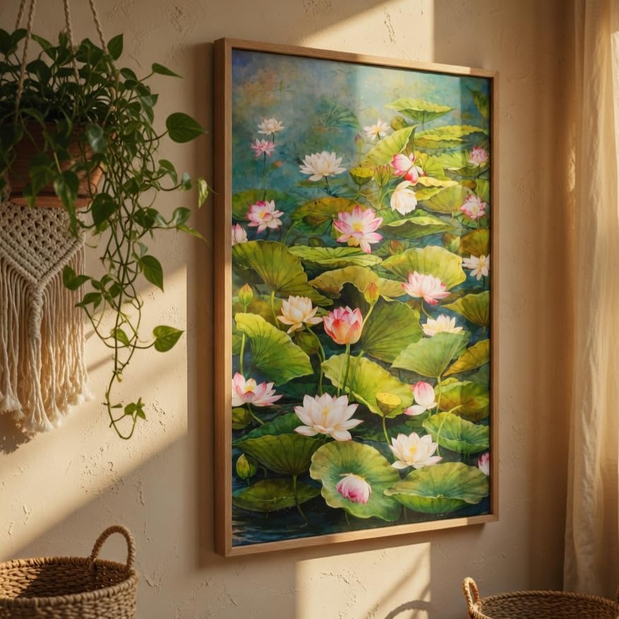 Wall Painting with Wooden Frame | Elegant Lotus Flower Nature Artwork HD UV Laminated MDF Wall Decor | Floral