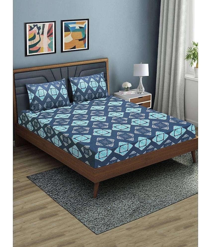 Home Candy Microfibre Geometric Printed 1 Bedsheet with 2 Pillow Covers - Dark Blue