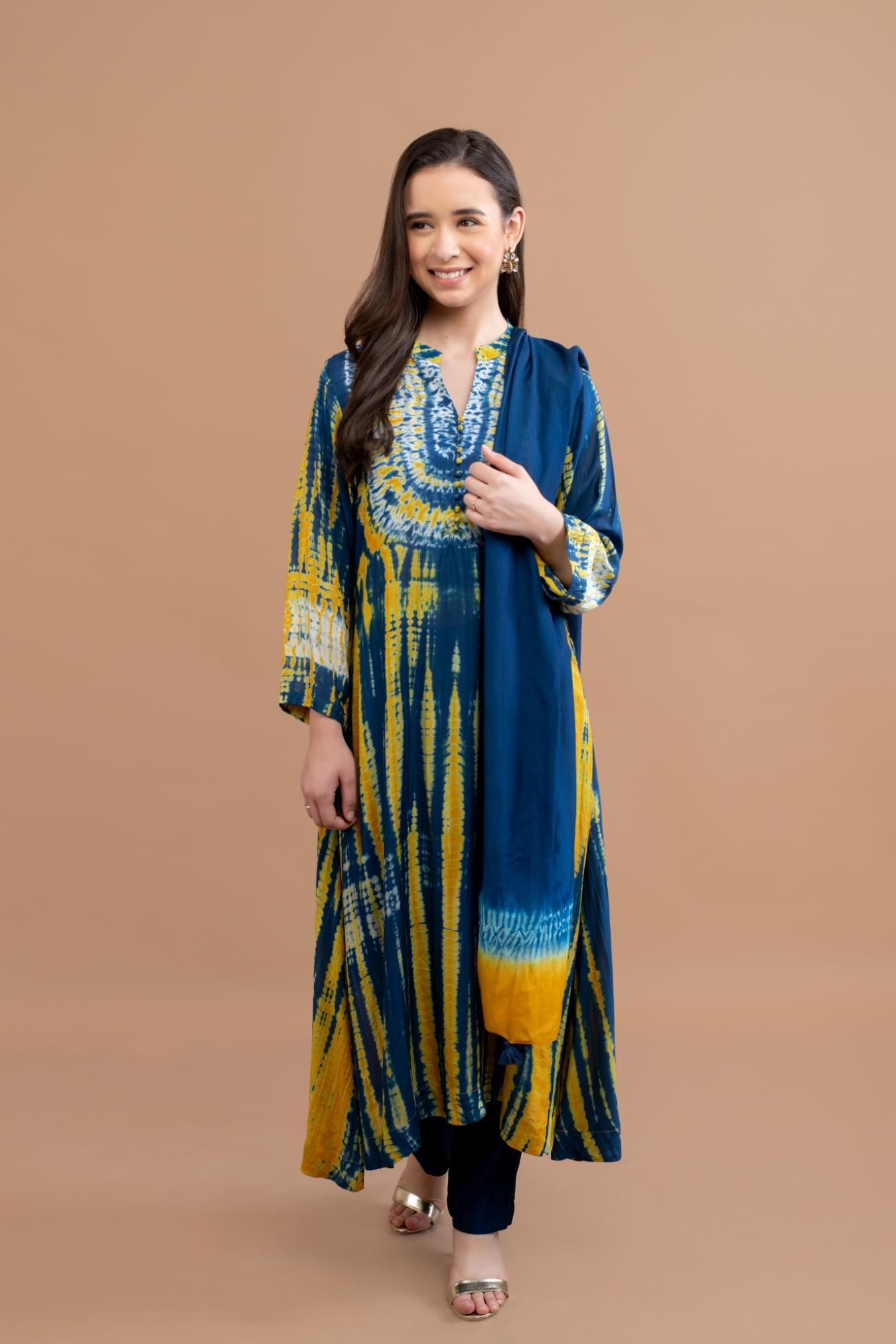 Blue Mustard Yellow Shibori Yoke & Tie Dye Kurta Set of 3-XL