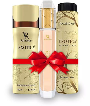 RAMSONS Exotica Combo |1 Eau De Parfum (100ml) |1 Deodorant Spray (200ml) |1 Talc Powder (100gm) |Valentines Day Special Combo Pack of 3