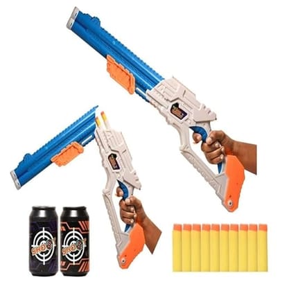 Braintastic Double Barrel Super Shot Gun with Ejecting Shells-10 Soft Dart Bullet & 2 Targets, Kids Age 8+ Years (Blue White)
