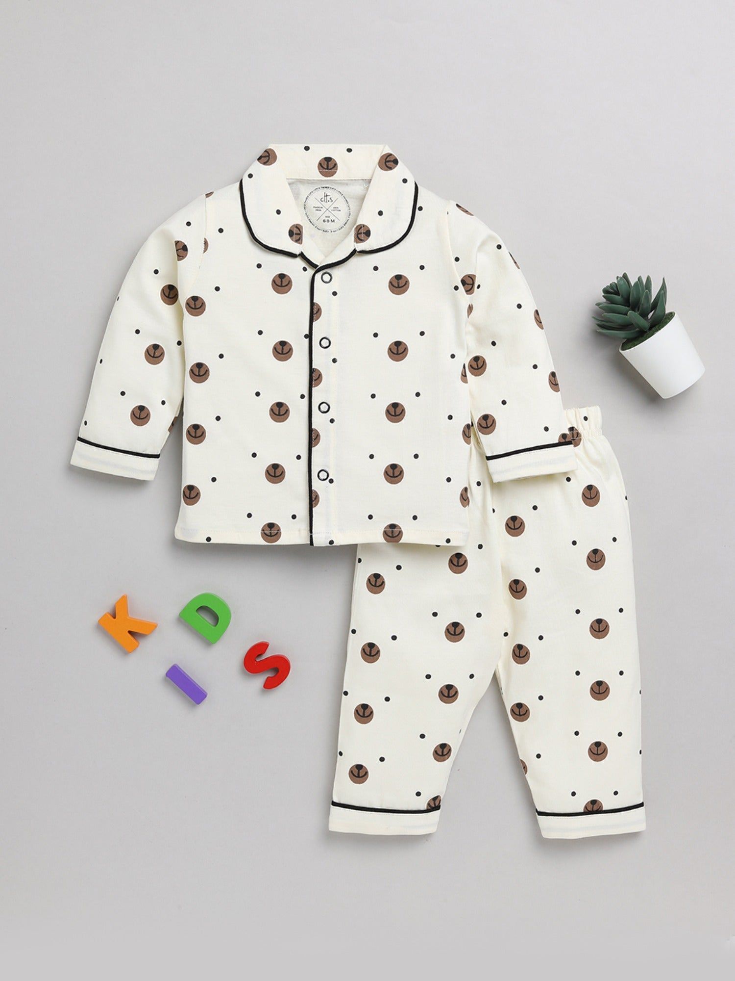 Cream Bear Cotton Full Sleeve Nightwear Set-6-9 m