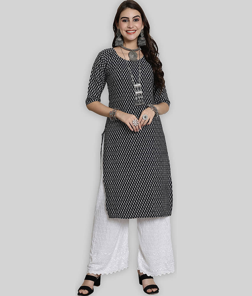 7Threads Crepe Printed Straight Women's Kurti - Black ( Pack of 1 )