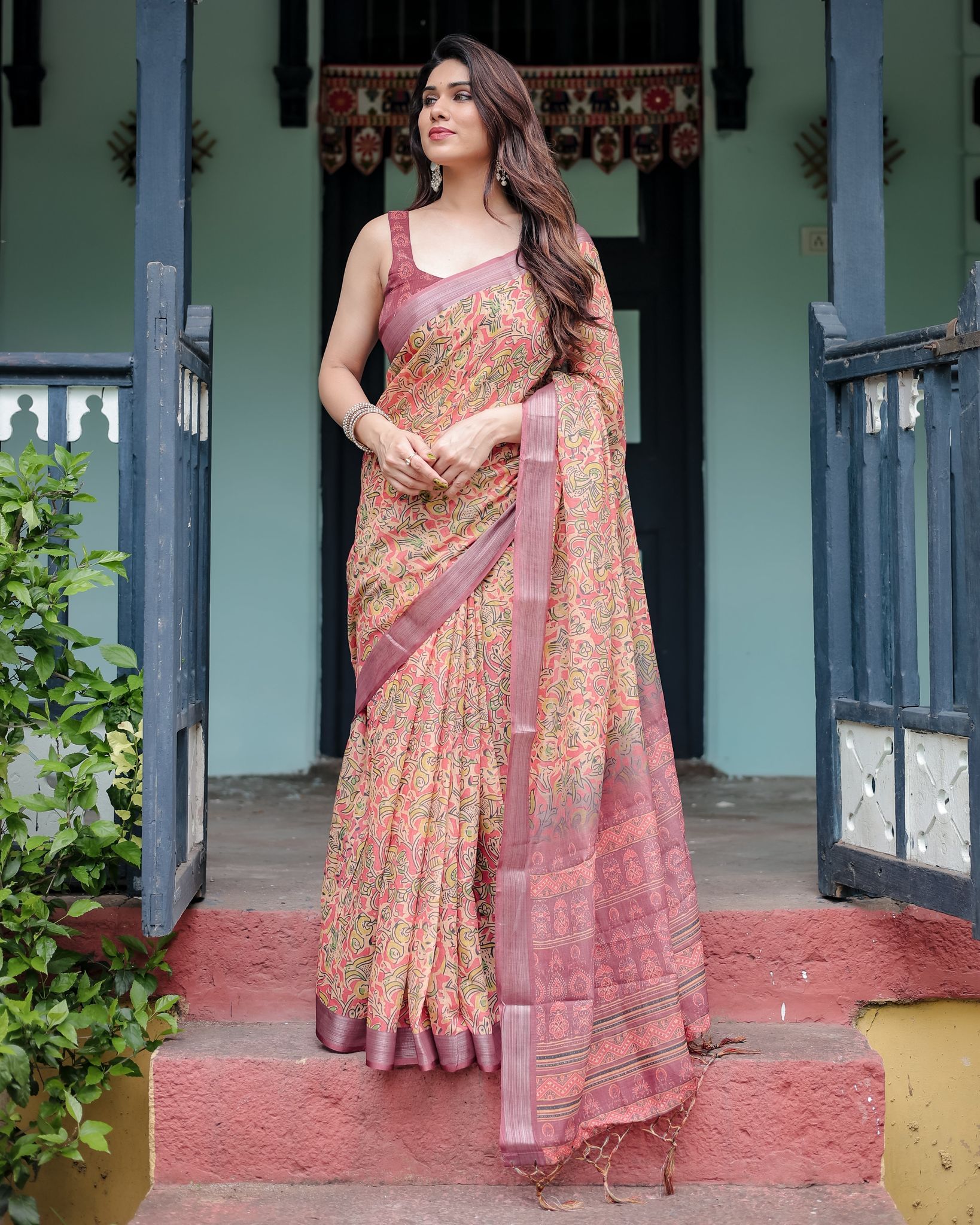Beige and Rust Pure Cotton Linen Saree with Tribal Block Print, Blouse, and Tassel Detailing-Regular