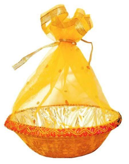 Omkar by R3 Inc. Handmade Multicolor Fancy Gift Hamper Basket Net Covering for Wedding and Festival Gift Purpose - (Round 23x23 cm) Set of 2