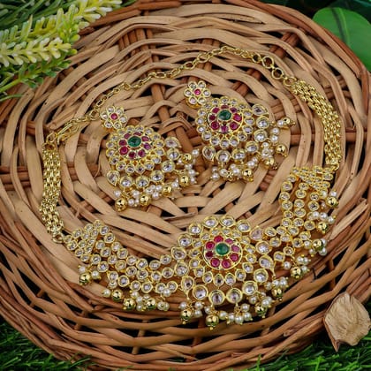 Gold-Plated Necklace & Earring Set with Red, Green, and Clear Stones - Elegant Bridal Jewelry