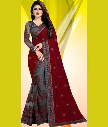 Gullak Net Woven Saree With Unstitched Blouse Piece ( Maroon )