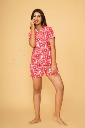 Cute Cat Flower Half Sleeve Shorts Set-S / Red / Rayon Blend