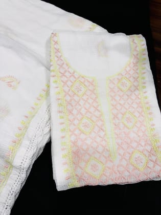 Tulip Handcrafted Kota Doria Unstitched Suit Fabric with Pastel Embroidery � White Base with Peach & Yellow Geometric Floral Design Tulip Handcrafted Kota Doria Unstitched Suit Fabric with Pastel Embroidery � White Base with Peach & Yellow Geometric Floral Design