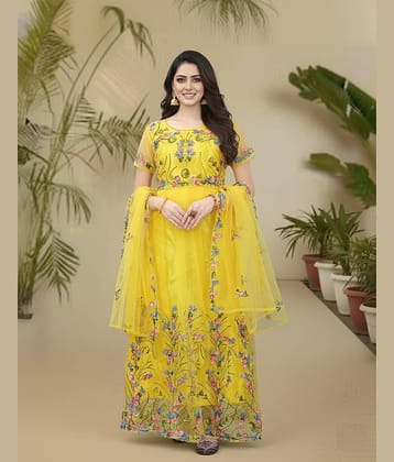 JULEE Women Net Flared Semi Stitched Ethnic Gown With Dupatta ( Yellow )