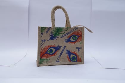 Peacock Feather Print Jute Bag