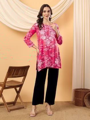Naba Chikankari Mulmul Short Kurti-Pink / S