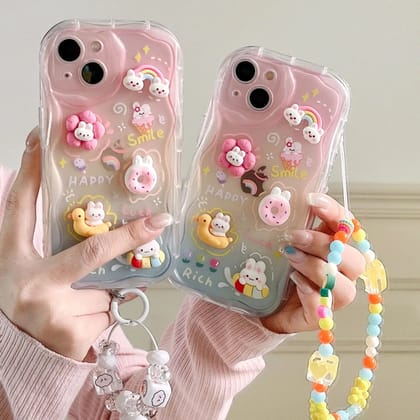 Cute 3D Characters Rainbow Matte Shaded Soft iPhone Case With Lanyard Charm-iPhone 16 Pro / Left Design