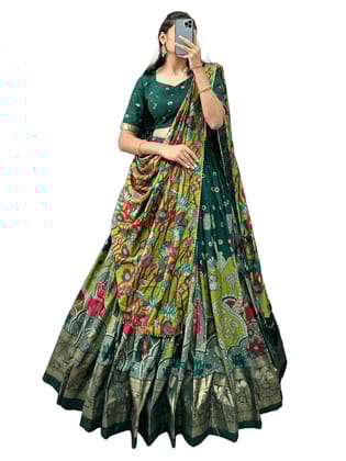 Shringar House Traditional Premium Floral Print & Foil Work Lehenga Choli Set for Wedding, Ethnic Wear with Embroidered Gota Patti Border Lehenga Choli Dupatta Set with Unstitched Blouse (Green)
