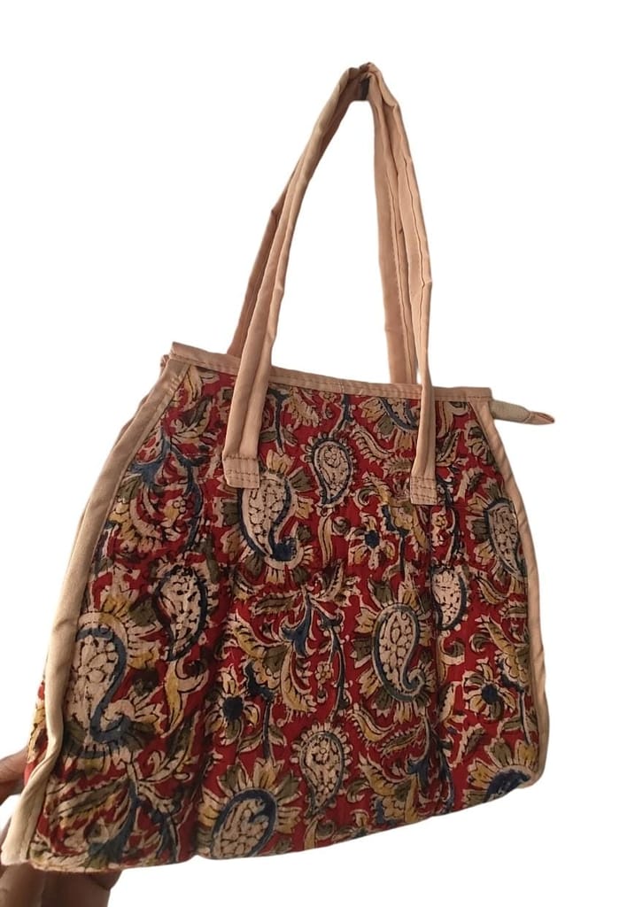 KALANKARI  Handcrafted Red and Blue Paisley Print Cotton Tote Bag with Zipper Closure and Double Handles