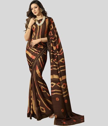 Gazal Fashions Chiffon Printed Saree With Unstitched Blouse Piece ( Brown )