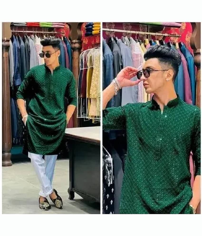 Gazal Fashions Cotton Blend Embroidered Regular Kurta For Men ( Green )